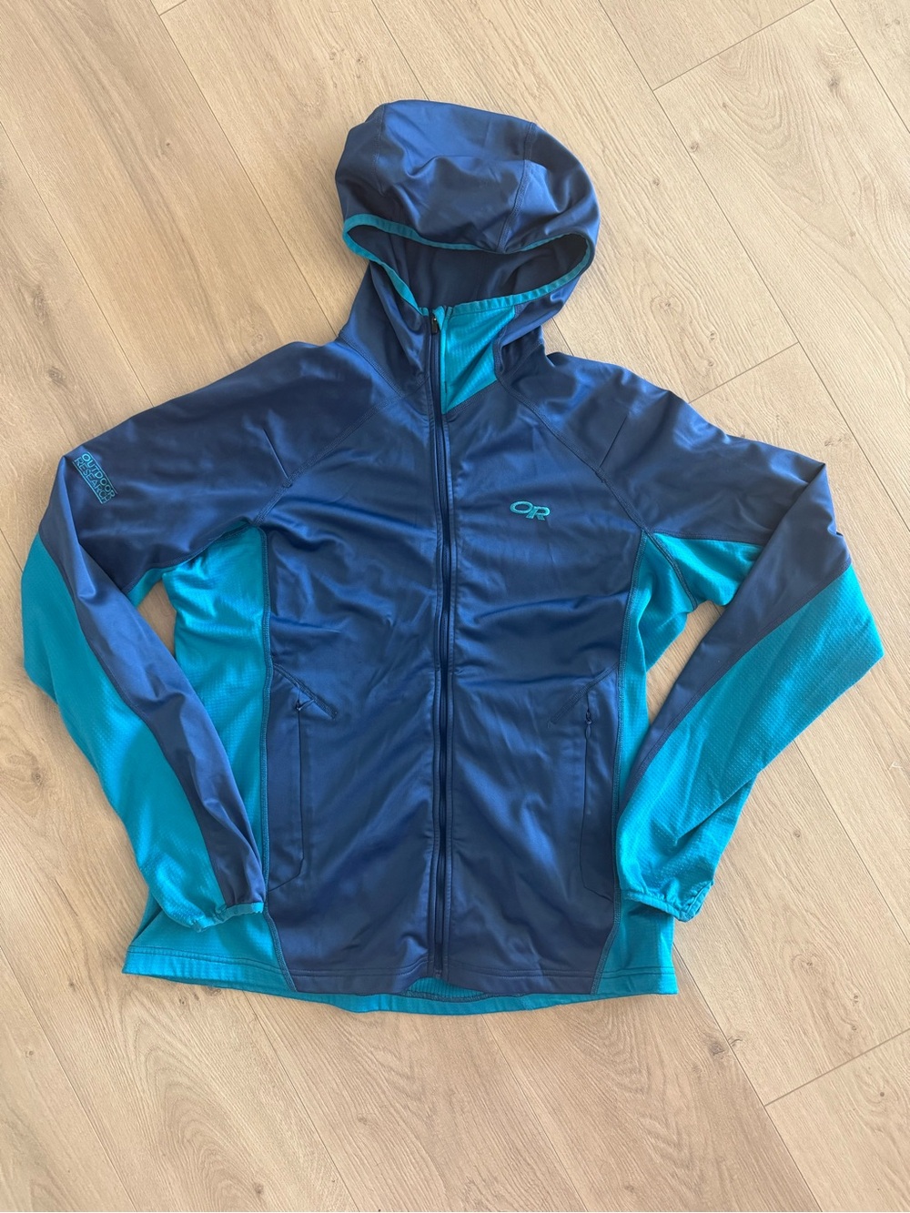Outdoor Research Navy and Teal Hooded Softshell Jacket